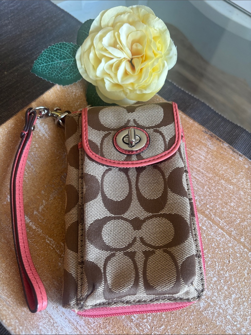 Coach Brown Signature Canvas Wristlet Phone Case with Pink Coral Trim